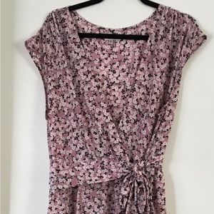 Pink floral wrap dress.